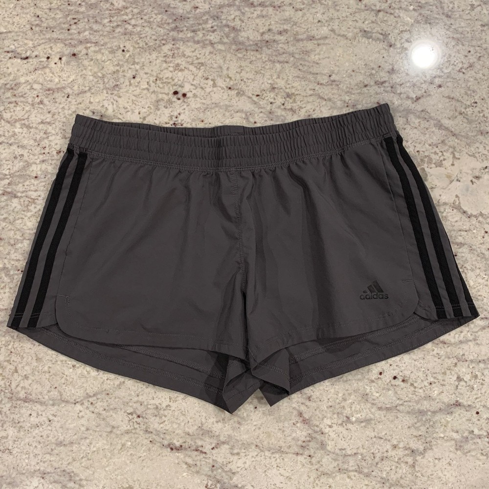 Adidas CLIMALITE athletic shorts; grey/black stripes; women’s size large